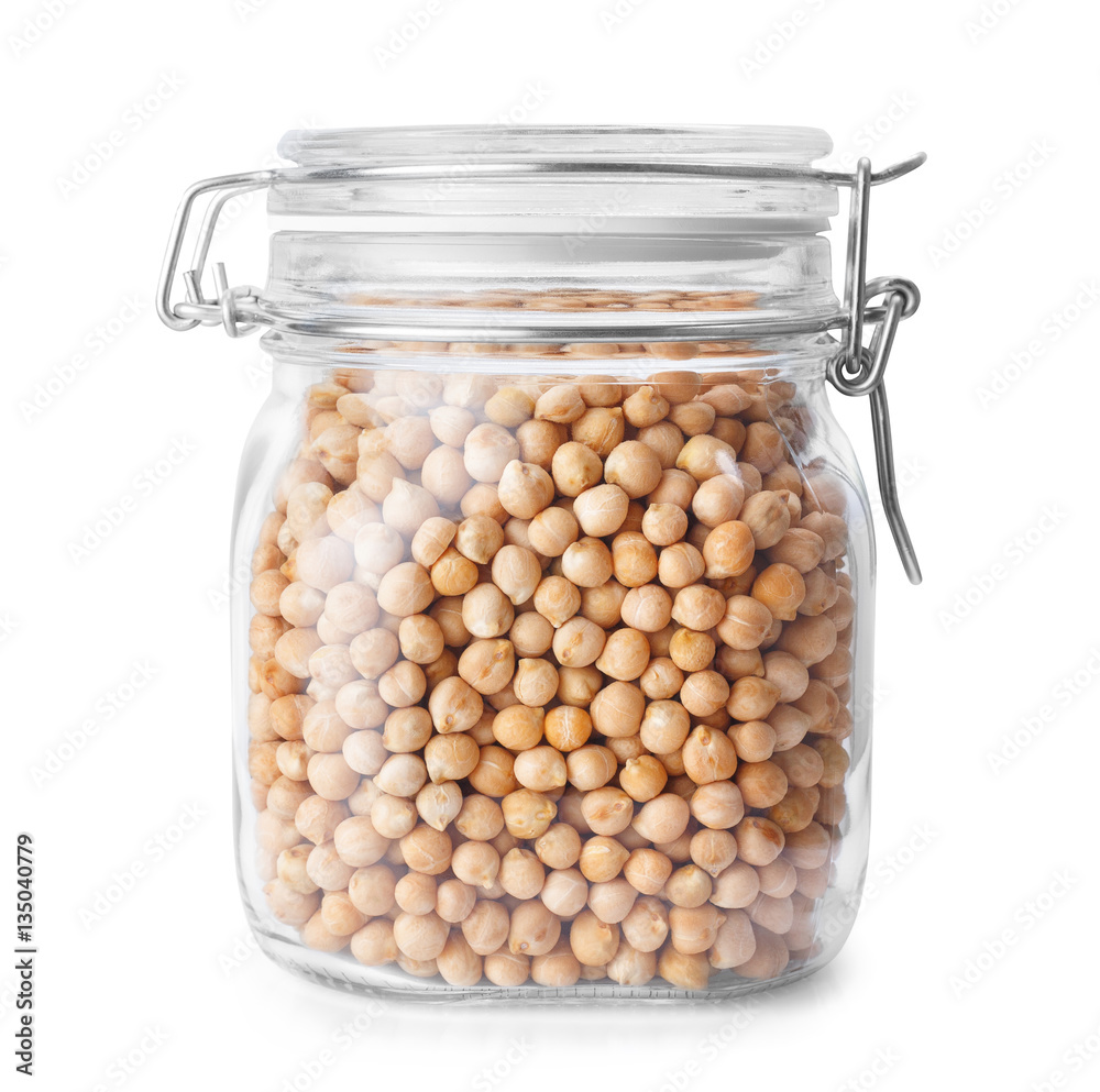 chickpeas in glass jar isolated on white chickpeas in glass jar isolated on white