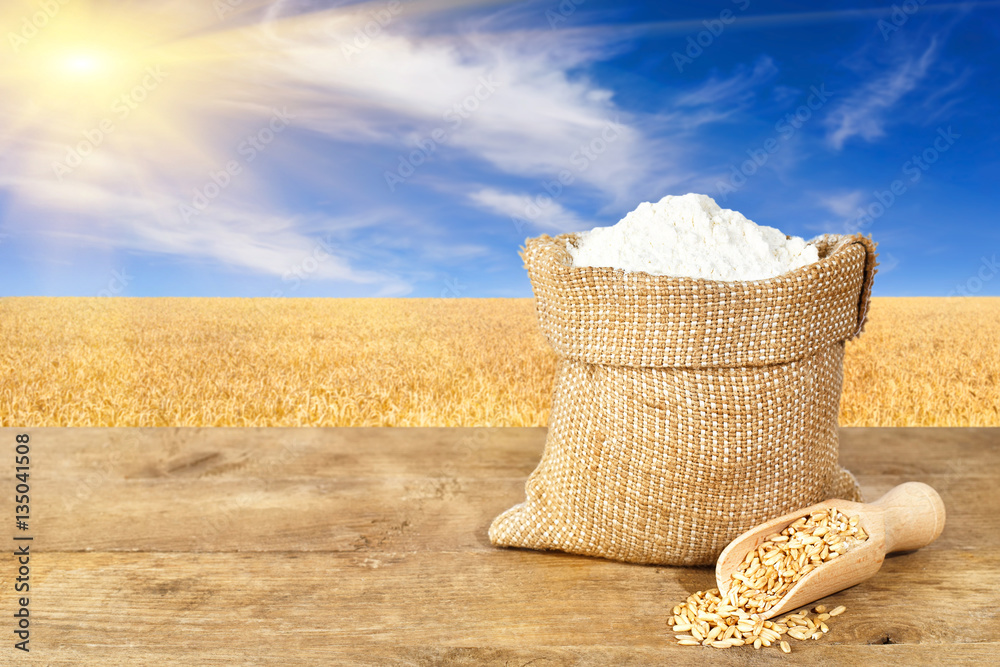 wheat flour in sack on nature background