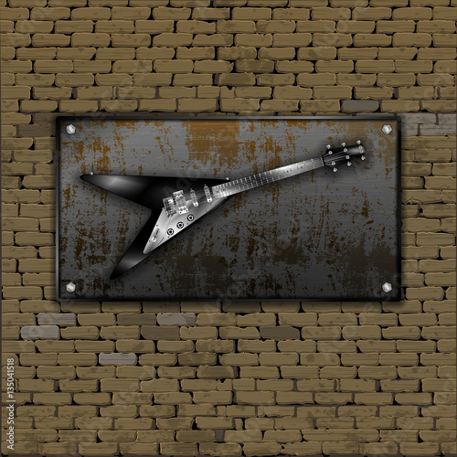 Realistic old brick wall with rusty metal sheet, screwed on the bolts and an electric guitar. There is a place for a picture or text in any color.