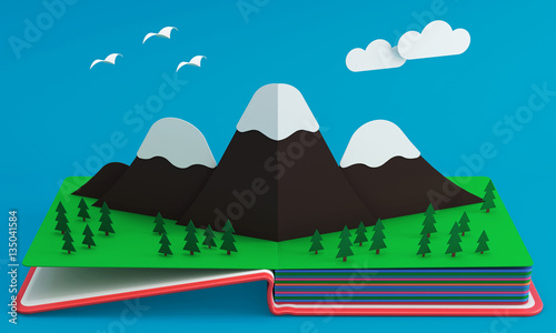 Pop Up Book With Mountainous Landscape. 3D Rendering