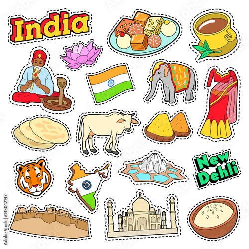 India Travel Elements with Architecture and Lotus. Vector Doodle