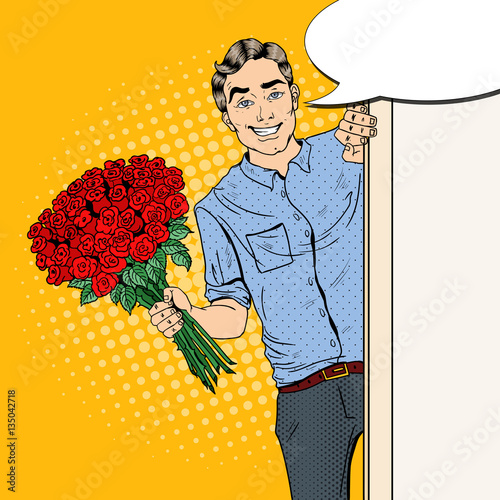 Pop Art Handsome Man with Flowers Bouquet Roses. Vector illustration