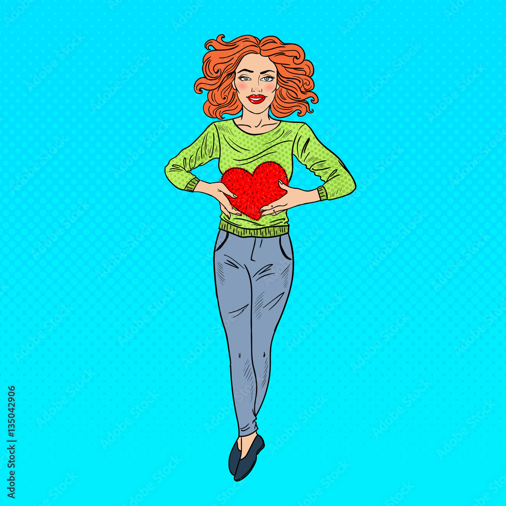 Pop Art Beautiful Woman in Love with Plush Heart. Vector illustration Pop Art Beautiful Woman in Love with Plush Heart. Vector illustration