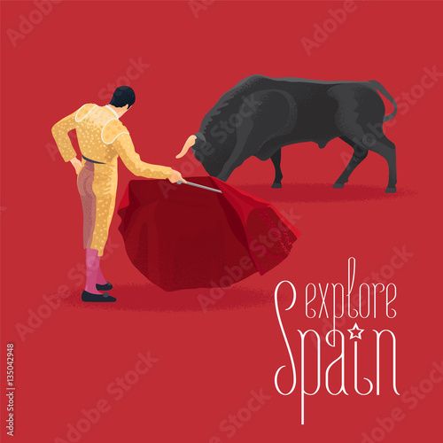 Bull and bullfighter on Spanish arena during bullfighting performance vector illustration photo