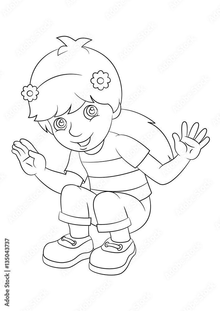 Cartoon girl sitting and smiling - coloring page - illustration for children