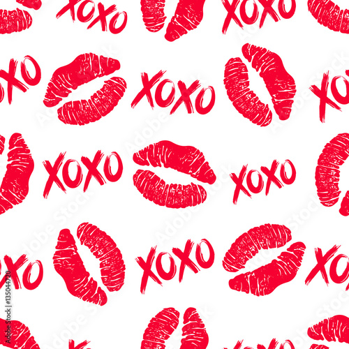 Lipstick kisses and XOXO hugs and kisses brush lettering seamless pattern. Illustration for Valentines Day greeting card and decoration. Vector.