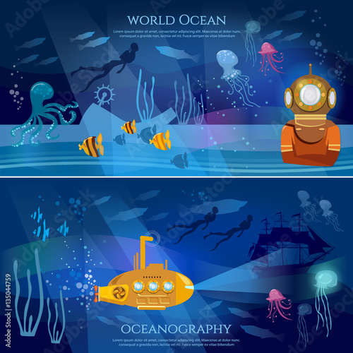 Sea exploration banner. Oceanography concept scientific research