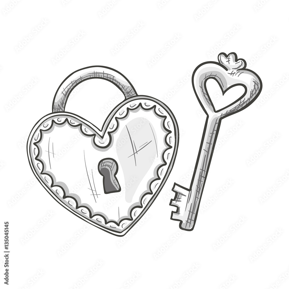 Monochrome sketch style illustration of heart shape lock and key ...