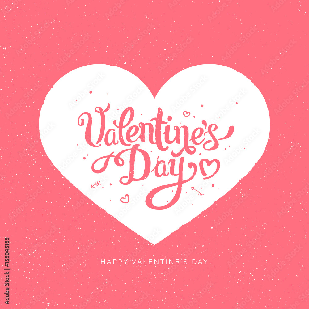 Happy Valentine's Day lettering into the heart with arrows on pink background vector illustration. Valentine's Day card, banner design for greeting.