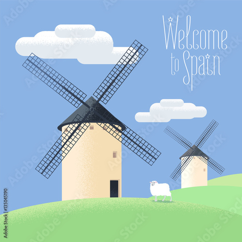 Mills in Spain vector illustration. Landscape of rural Spain