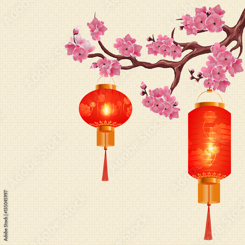 Two red Chinese lanterns and a round cylindrical shape on a branch of cherry with pink flowers. illustration