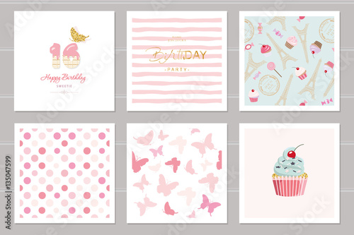 Birthday cards set for teenage girls. Including seamless patterns in pastel pink. Sweet 16, butterflies, cupcake, polka dots, Eiffel tower, stripped.