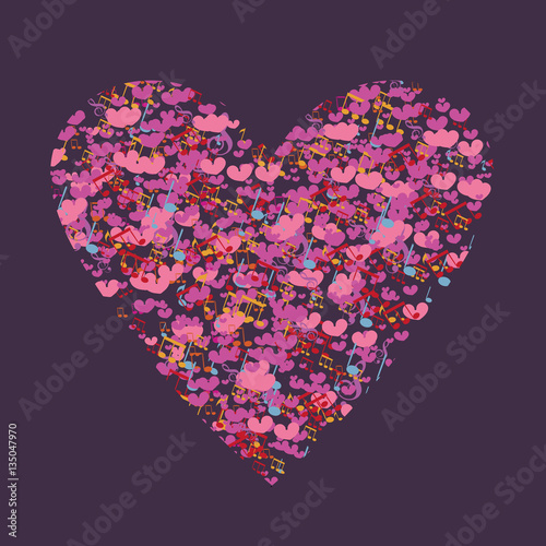 Heart background of musical notes and little hearts.Template Valentine greeting cards.