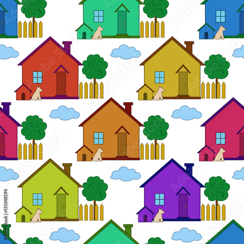 Seamless Background with Colorful Small Cartoon Country Houses with Dog Kennel and Garden Tree, Isolated on White Background. Vector