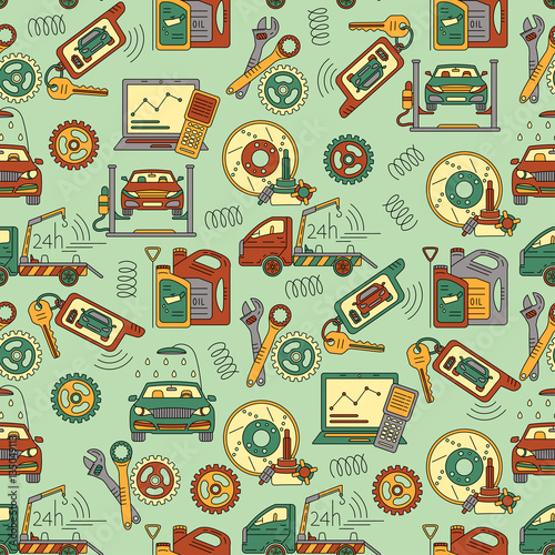 Seamless vector pattern with car service thin line symbols.