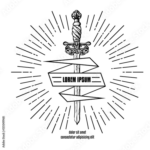 Sword and ribbon. Hipster style design objects. Emblem template.
