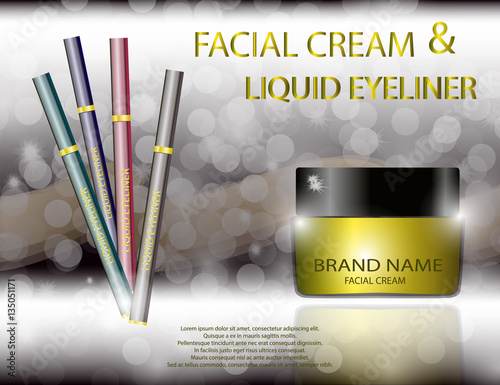 Glamorous facial cream jar and liquid eyeliner on the sparkling effects background.