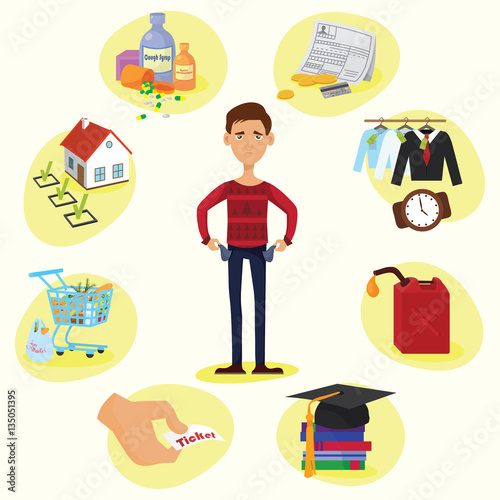 Family budget composition of full length male character with empty pockets surrounded by valuable things circle vector