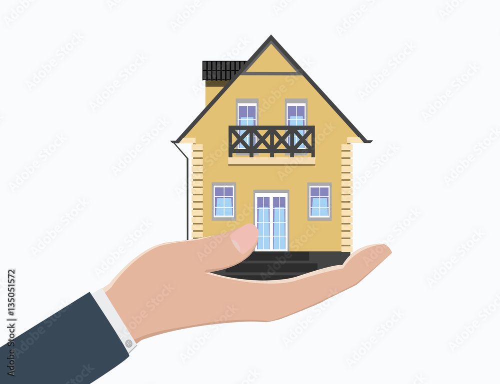 Hand holds the house. The Bank provides mortgage Hand holds the house. The Bank provides mortgage