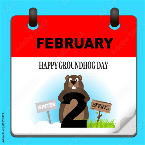 Happy Groundhog day calendar. Calendar February 2 Groundhog image and tablets winter and spring