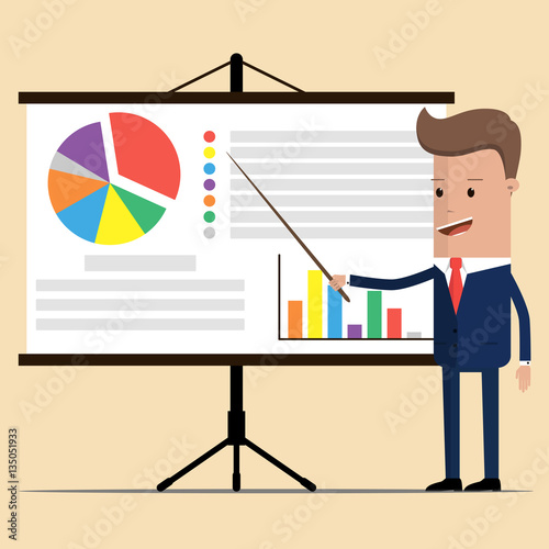 businessman showing market share graph on billboard and presenting and advertising on its vector illustration. manager in suit is giving a presentation and showing graphs. Report, training