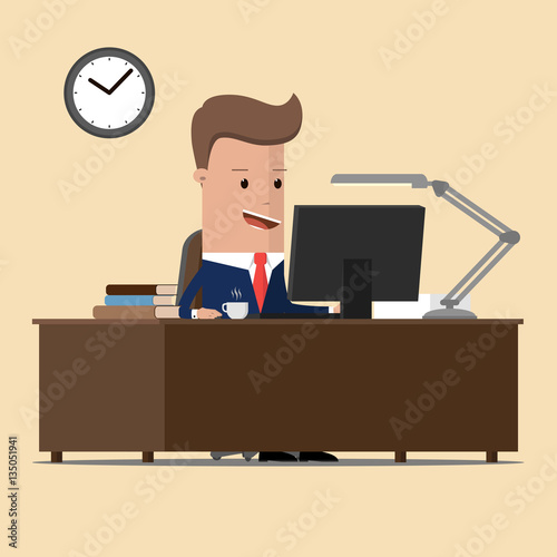 Business man entrepreneur in a suit working on a computer at his clean and sleek office desk. Business person working on computer. Flat vector illustration