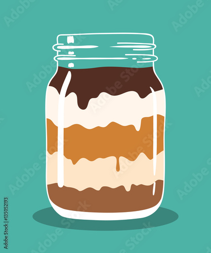 Chocolate caramel vanilla coffee cream dessert in vintage mason jar. Layered sweet dessert in transparent glass mason jar. Vector hand drawn illustration eps10, isolated.