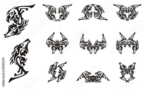 Tribal tattoo imaginary animal symbols. Abstract symbol in the form of the head of an eagle and the head of a horse. Double imaginary animal symbols in black and white options
