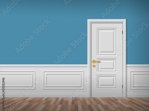 room interior with white door wooden floor and wall panels