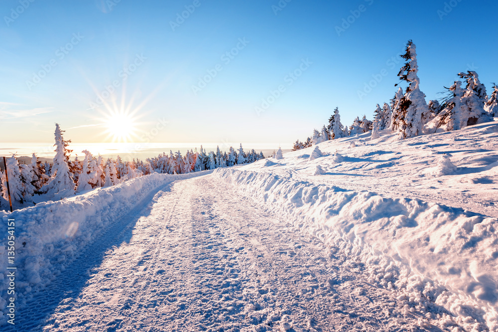 Verschneite Brockenstraße mit blauen Himmel Verschneite Brockenstraße mit blauen Himmel