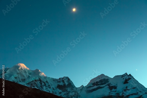 Evening Mountain View with Sunset and Moonrise