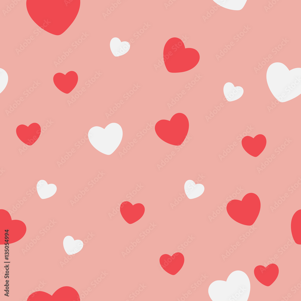 Red and white Hearts on a pink background. Abstract seamless pattern. Vector illustration.