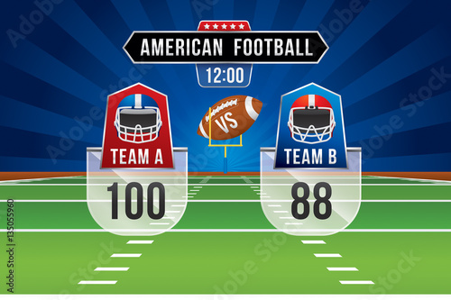 Vector of American football team with scoreboard on green field background.