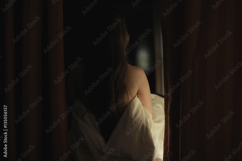 young woman in bed, pillow, blanket, sleeping young woman in bed, pillow, blanket, sleeping