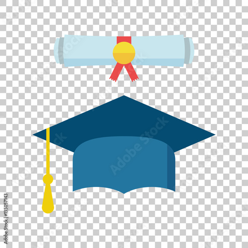 Graduation cap and diploma scroll icon vector illustration in flat style. Finish education symbol. Celebration element. Colorful graduation cap with diploma on isolated background.