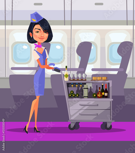 Stewardess character hold tray with food and drink. Vector flat cartoon illustration