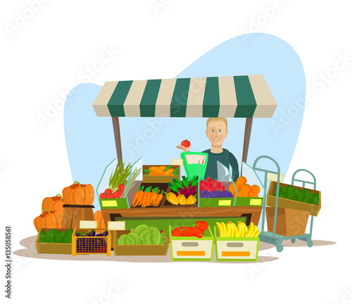 Fruits and vegetables seller man character. Vector flat cartoon illustration