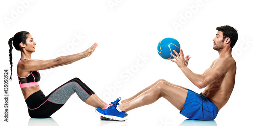 one caucasian couple man and woman exercising fitness exercises isolated on white background