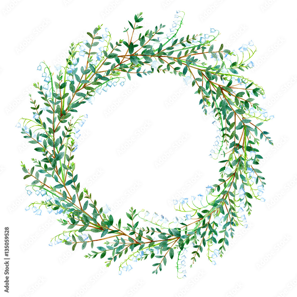 Floral wreath.Garland with Lily of the valley and eucalyptus branches. Watercolor hand drawn illustration. Floral wreath.Garland with Lily of the valley and eucalyptus branches. Watercolor hand drawn illustration.