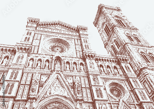The front view of the cathedral of Santa Maria del Fiore and Giotto's belltower.