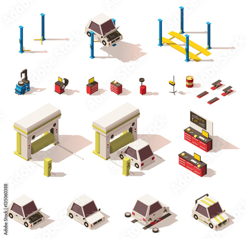 Vector isometric car service equipment set