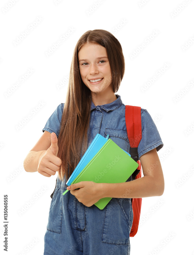 Cute teenager girl holding notebooks on white background Cute teenager girl holding notebooks on white background
