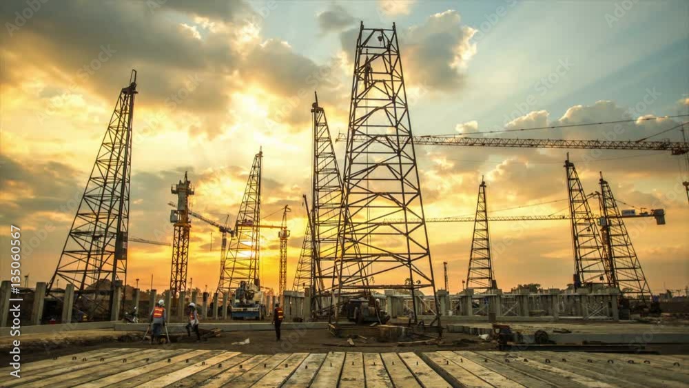 construction site with sunset, time lapse
