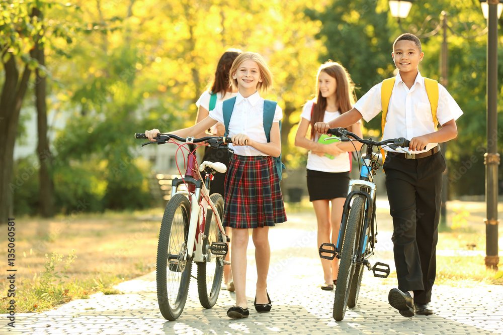Obraz premium Teenagers with bicycles walking in park