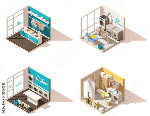 Vector isometric low poly laundry icon set