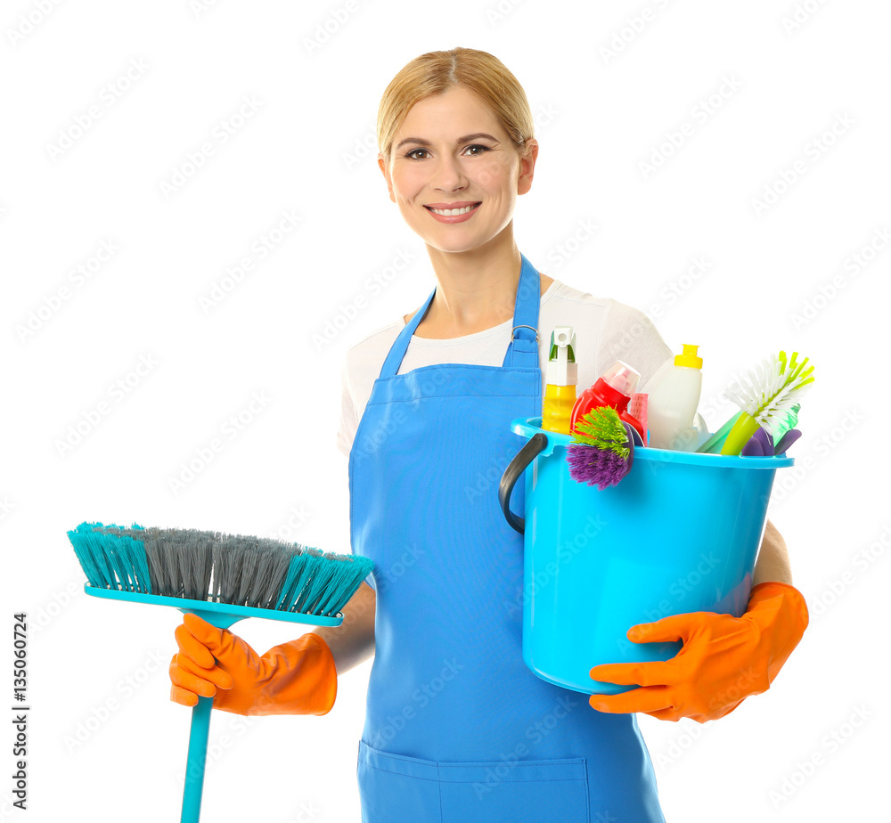 Pretty adult woman with cleaning supplies on white background Pretty adult woman with cleaning supplies on white background