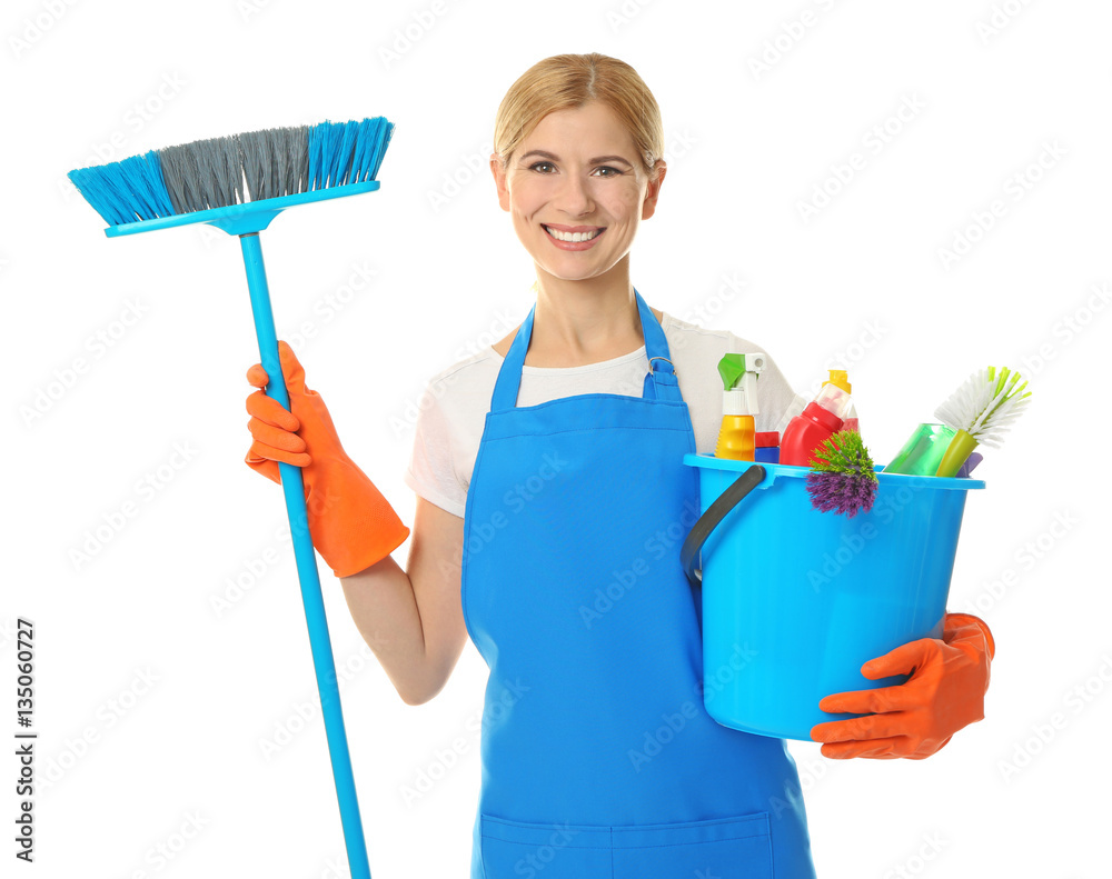 Pretty adult woman with cleaning supplies on white background Pretty adult woman with cleaning supplies on white background