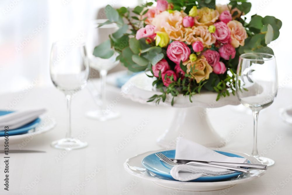 Elegant table setting with beautiful flowers, closeup Elegant table setting with beautiful flowers, closeup