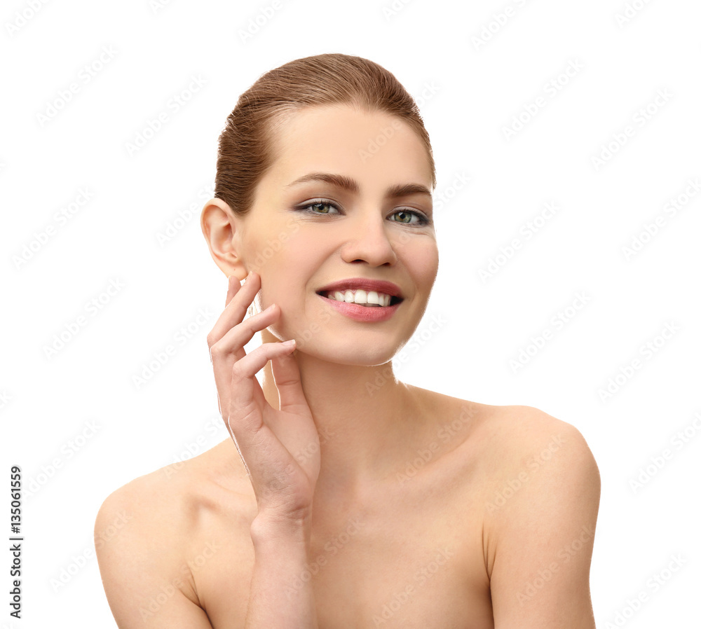 Young beautiful woman on white background. Plastic surgery concept Young beautiful woman on white background. Plastic surgery concept