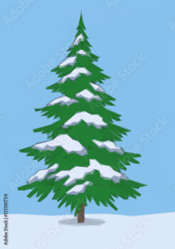 Winter Landscape, Christmas Holiday Green Fir Tree, Snow and Blue Sky, Low Poly. Vector